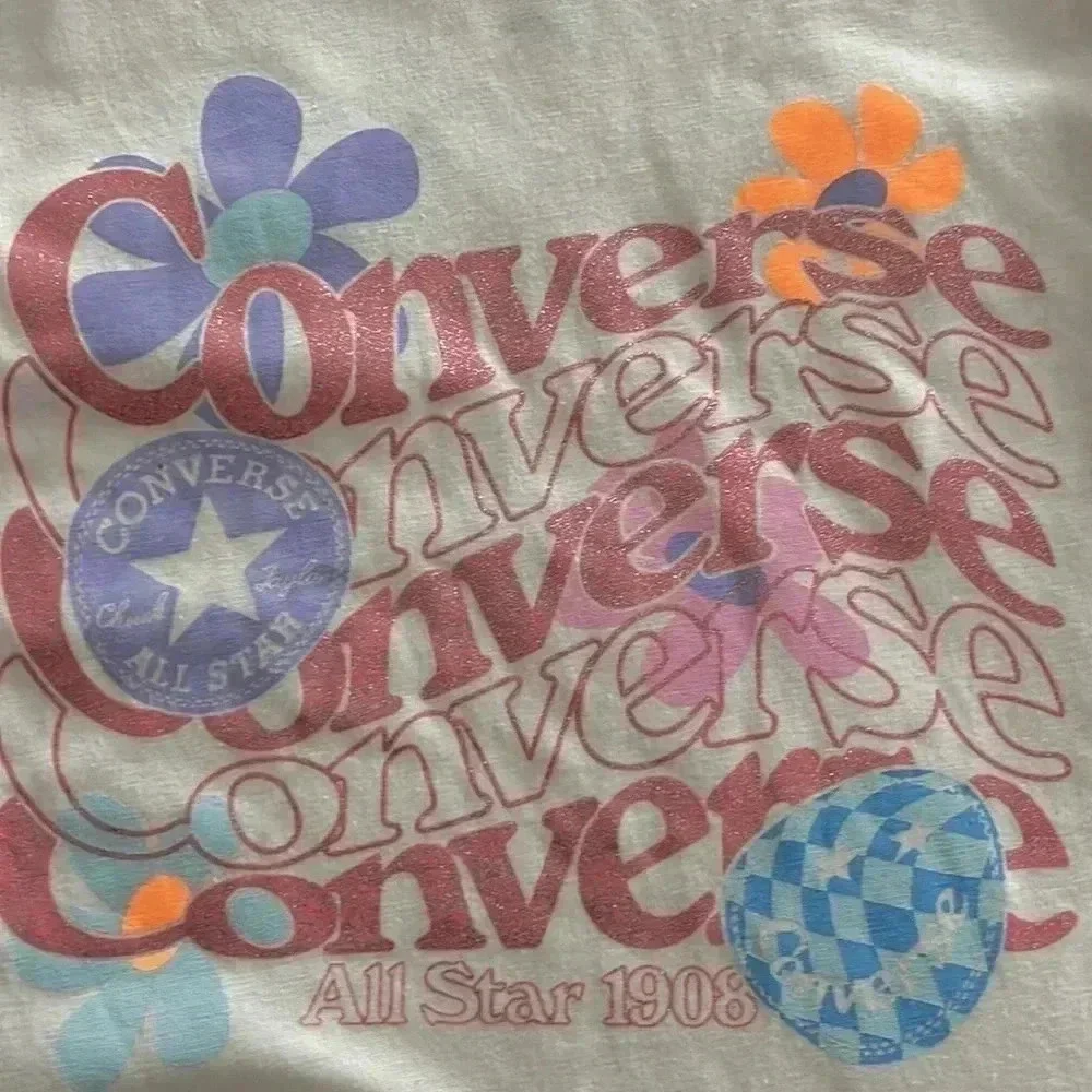 Converse‎ Cropped Graphic Tee Girls M 10-12 Pink White Boxy